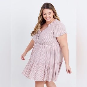 Arula Klaudia Babydoll Dress, Surplice Neck, Neutral Brown/White Stripe, Size 1X